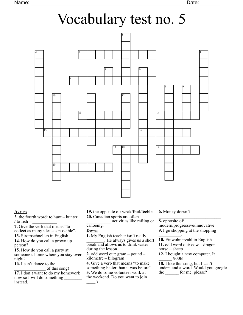 Vocabulary test no. 5 Crossword