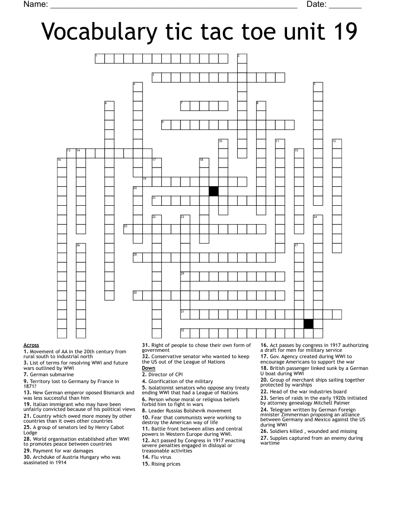 Vocabulary tic tac toe unit 19 Crossword