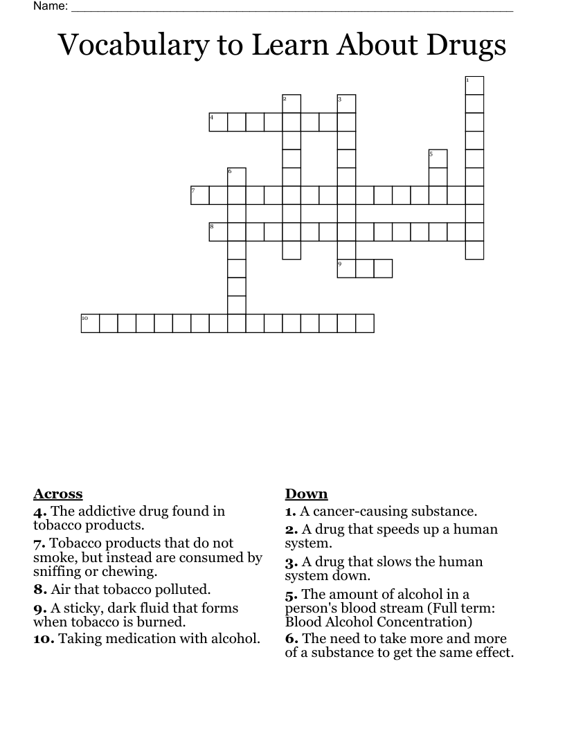 Vocabulary to Learn About Drugs Crossword