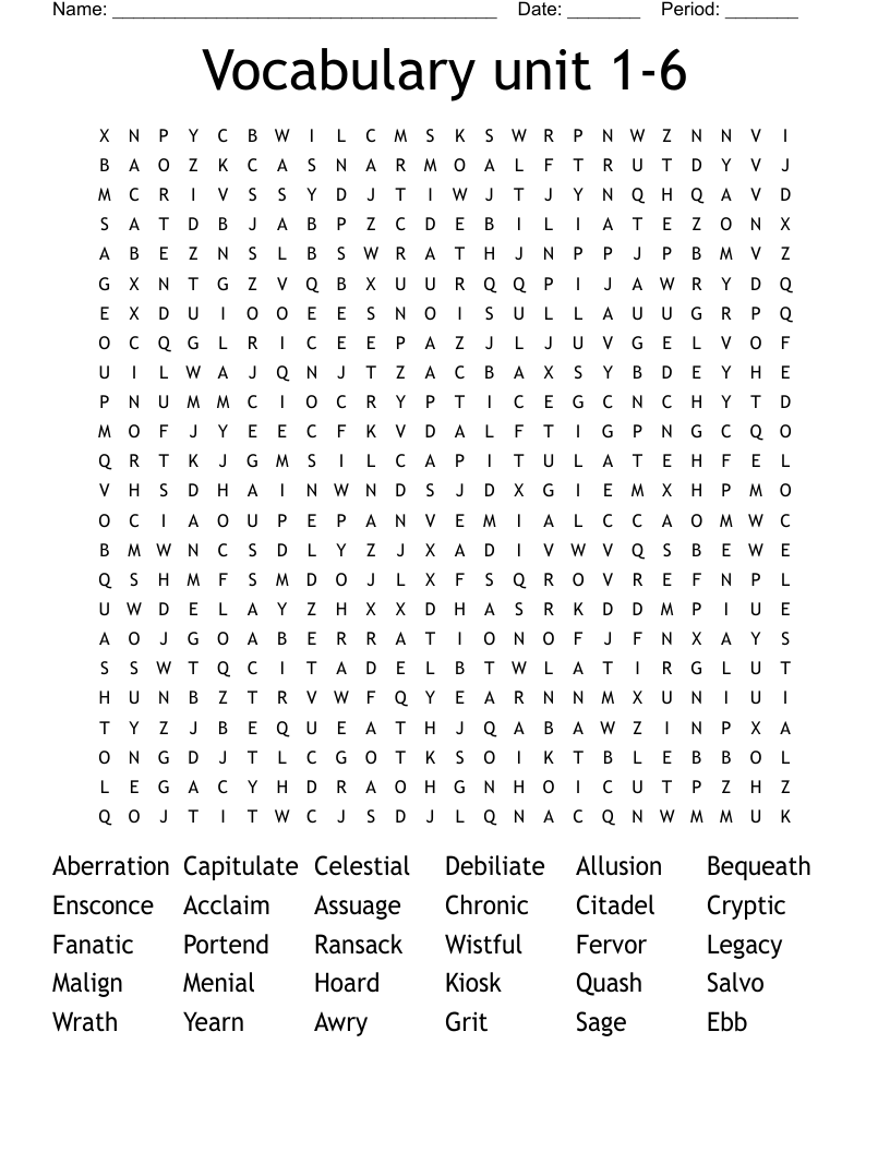 Vocabulary unit 1-6 Word Search