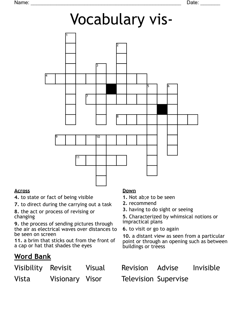 Vocabulary vis- Crossword