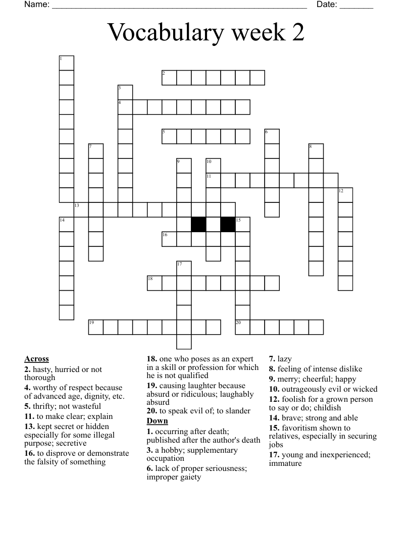 Vocabulary week 2 Crossword