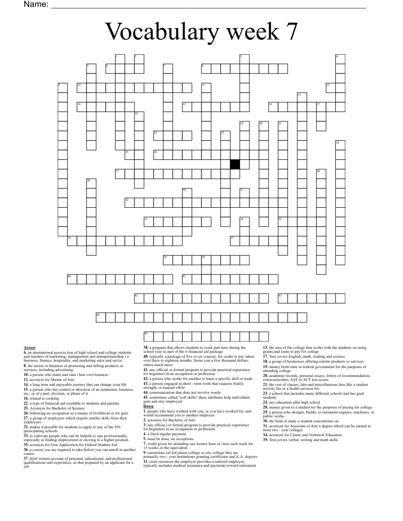 Vocabulary week 7  Crossword