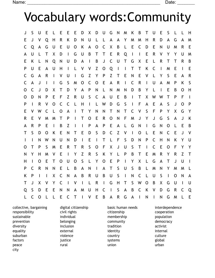Vocabulary words:Community  Word Search