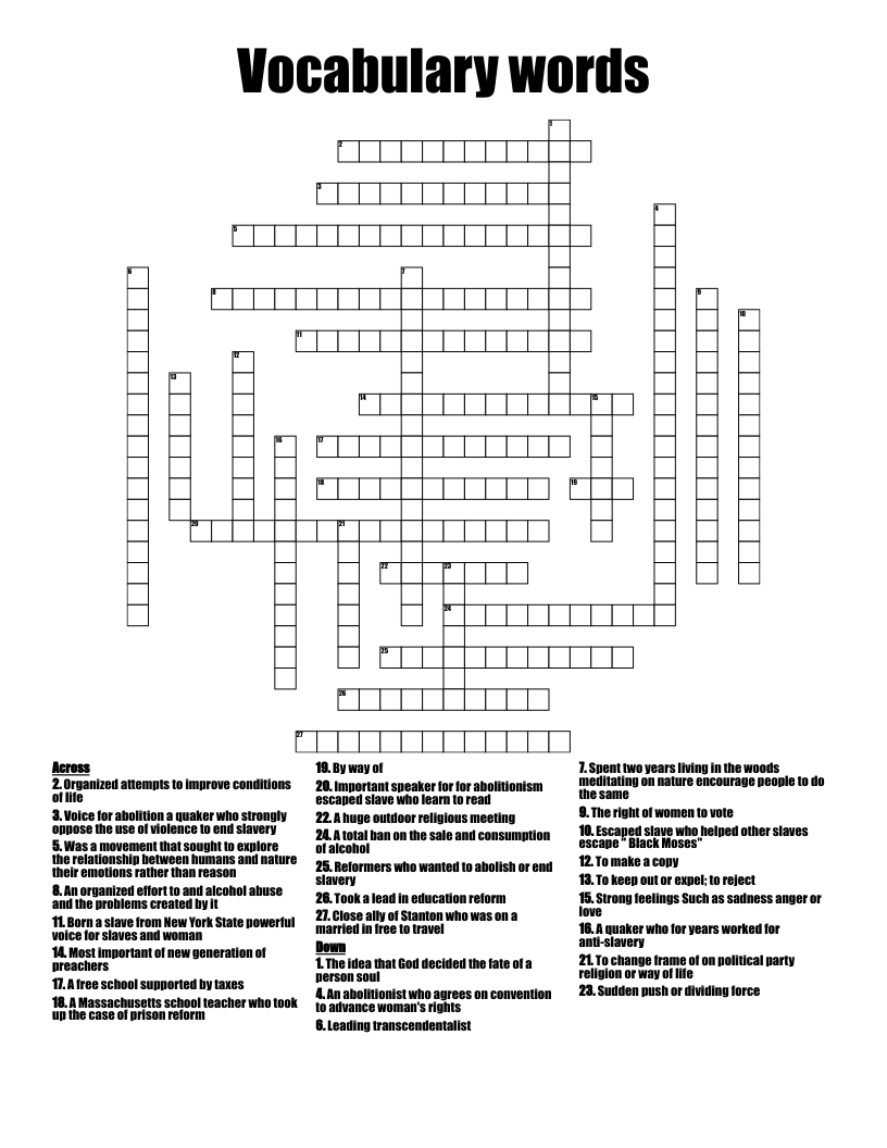 Vocabulary words  Crossword