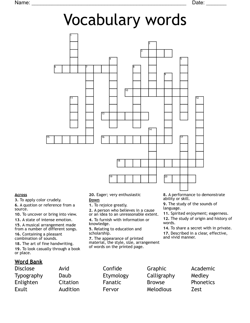 Vocabulary words  Crossword