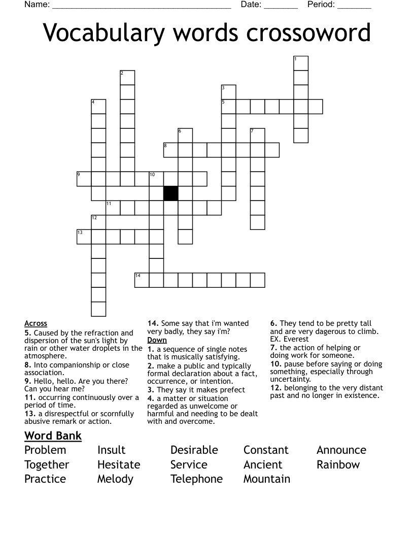 Vocabulary words crossoword Crossword