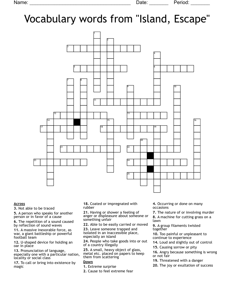 Vocabulary words from "Island, Escape" Crossword