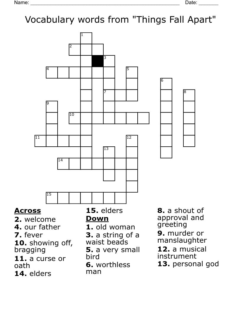 Vocabulary words from "Things Fall Apart" Crossword