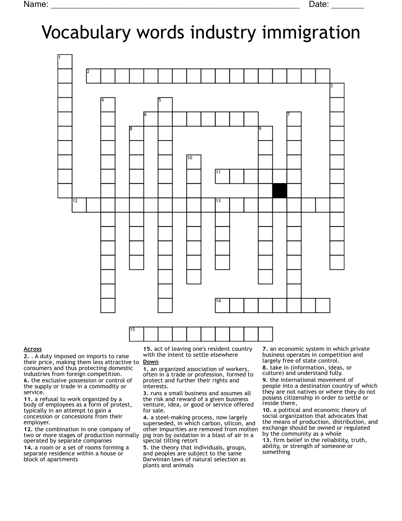 Vocabulary words industry immigration Crossword