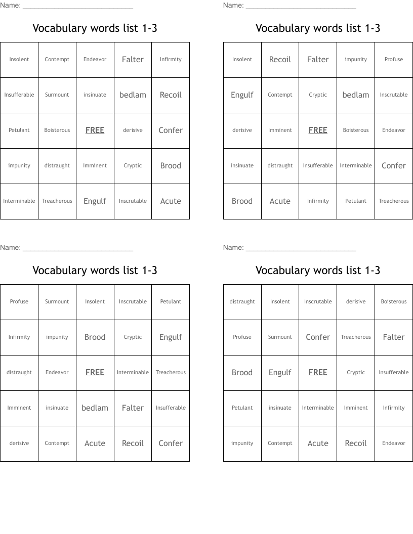 Vocabulary words list 1-3 Bingo Cards