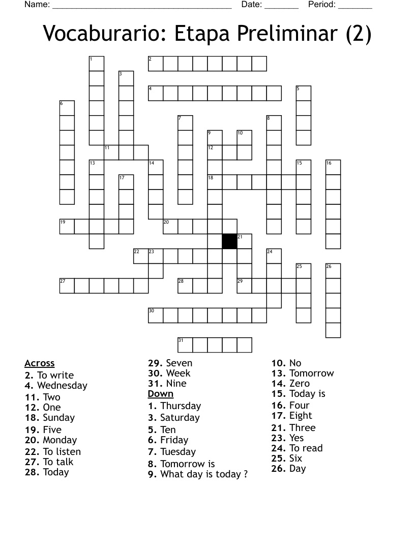 Vocaburario: Etapa Preliminar (2) Crossword