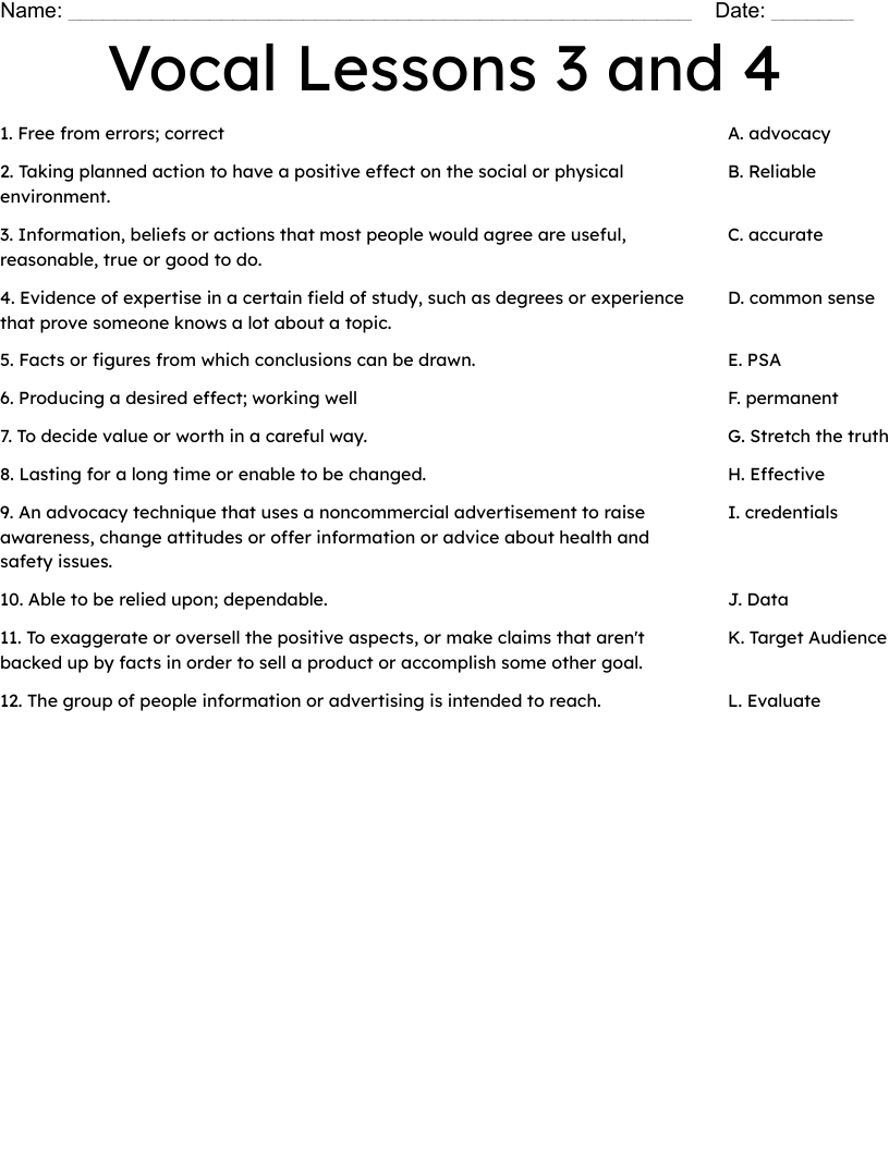 Vocal Lessons 3 and 4 Worksheet