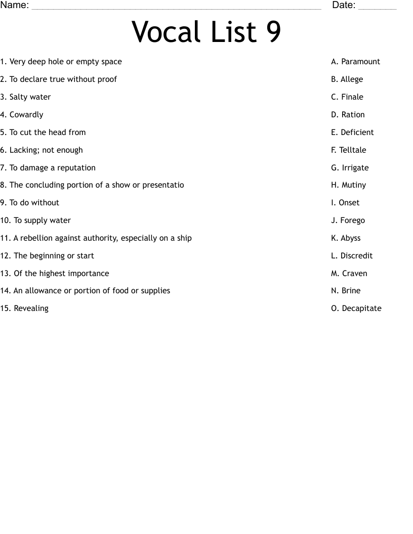 Vocal List 9 Worksheet
