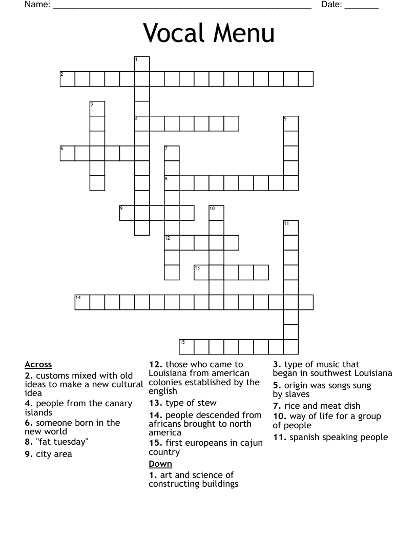 Vocal Menu Crossword