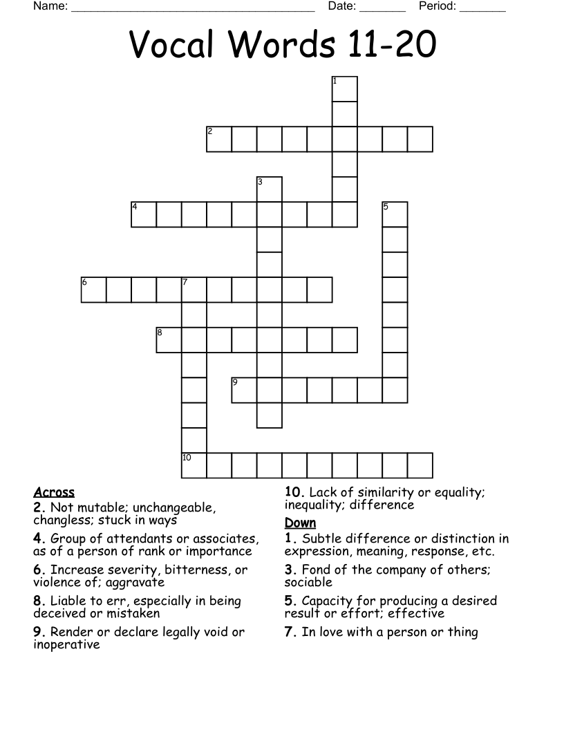 Vocal Words 11-20 Crossword