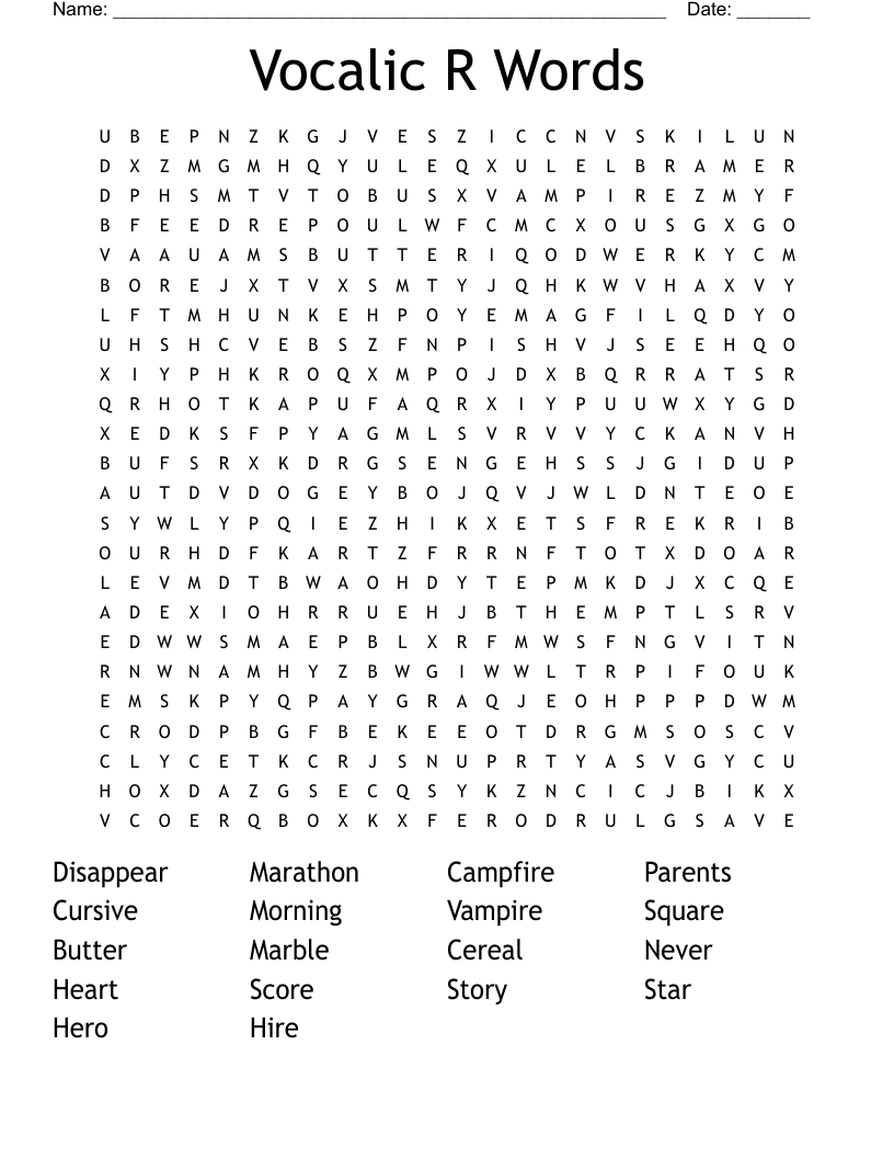 Vocalic R Words Word Search