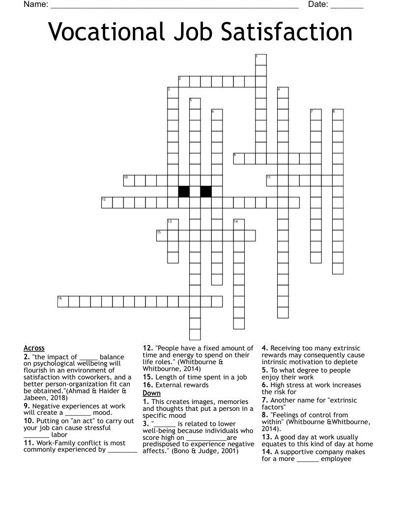 Vocational Job Satisfaction Crossword