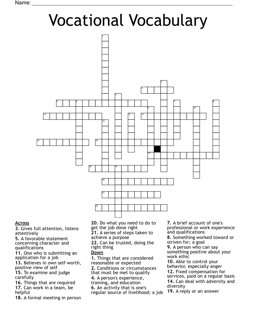 Vocational Vocabulary Crossword