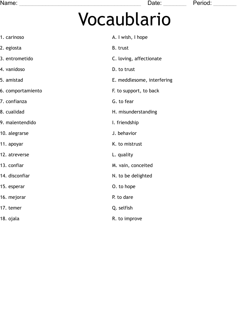 Vocaublario Worksheet