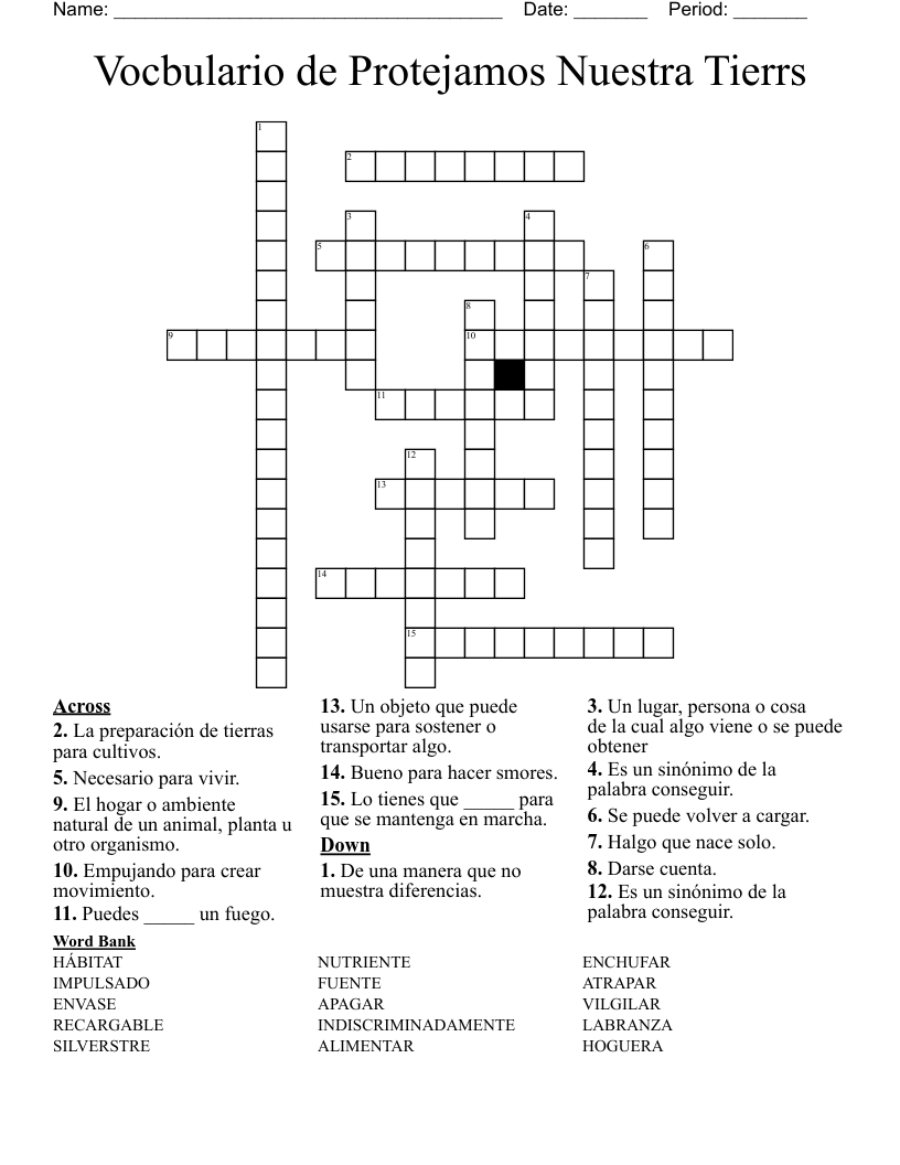 Vocbulario de Protejamos Nuestra Tierrs Crossword