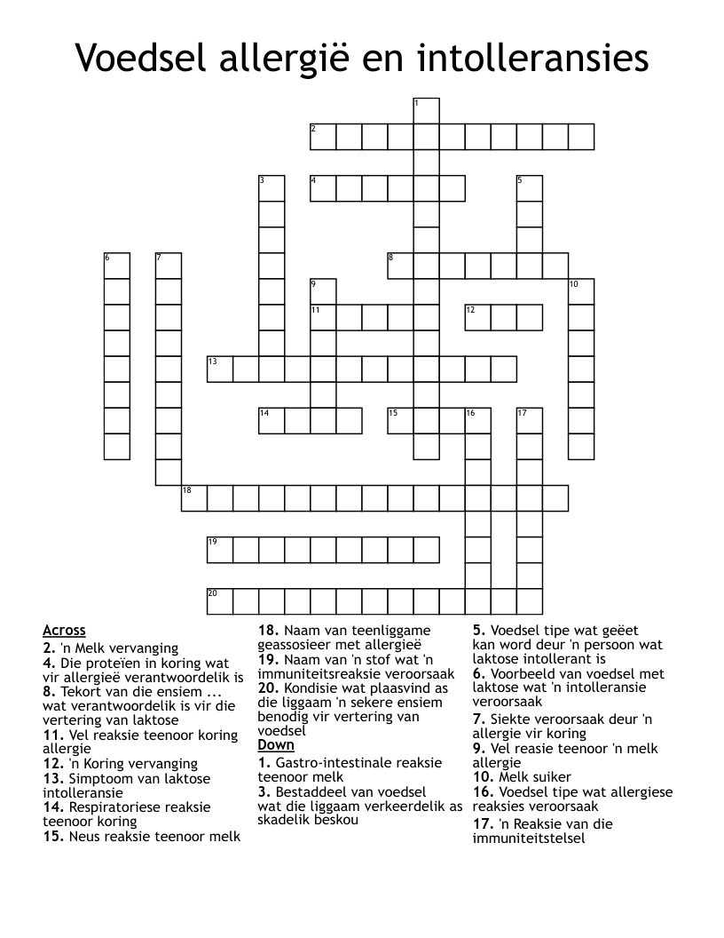 Voedsel allergië en intolleransies Crossword