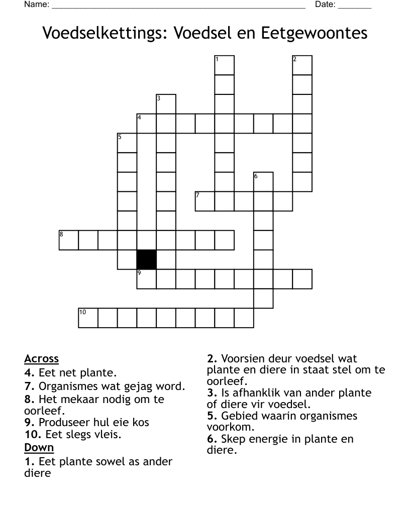 Voedselkettings: Voedsel en Eetgewoontes Crossword