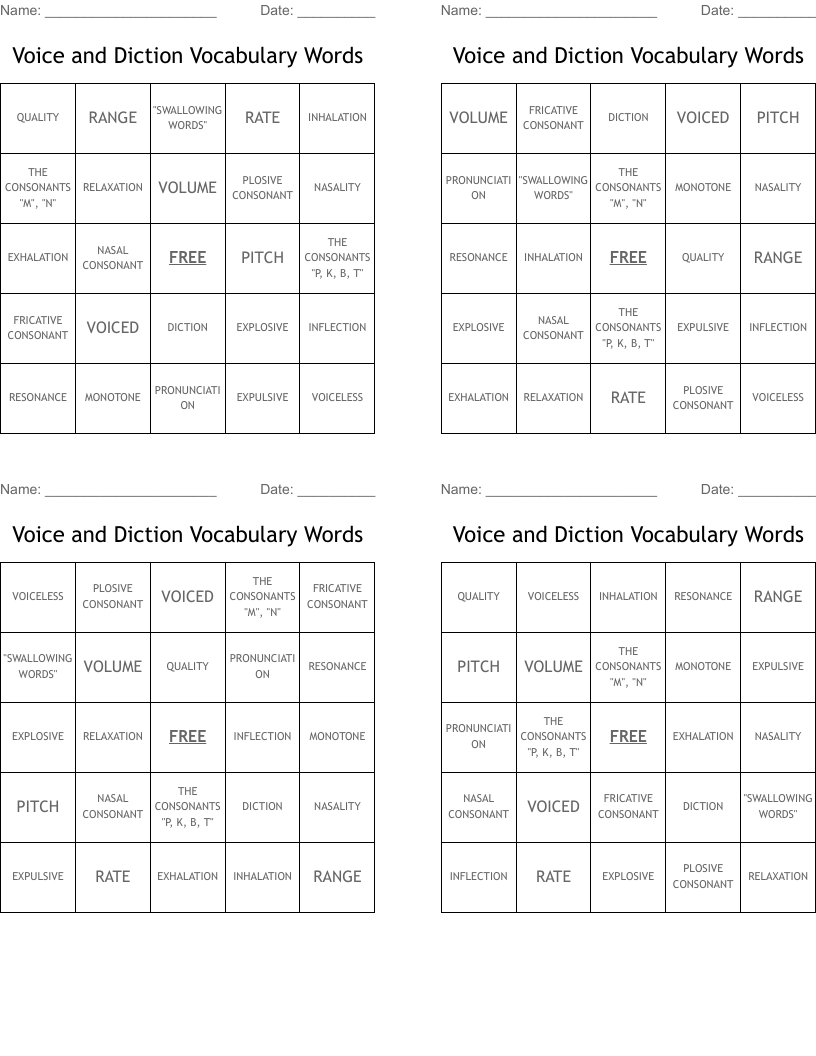 Voice and Diction Vocabulary Words Bingo Cards