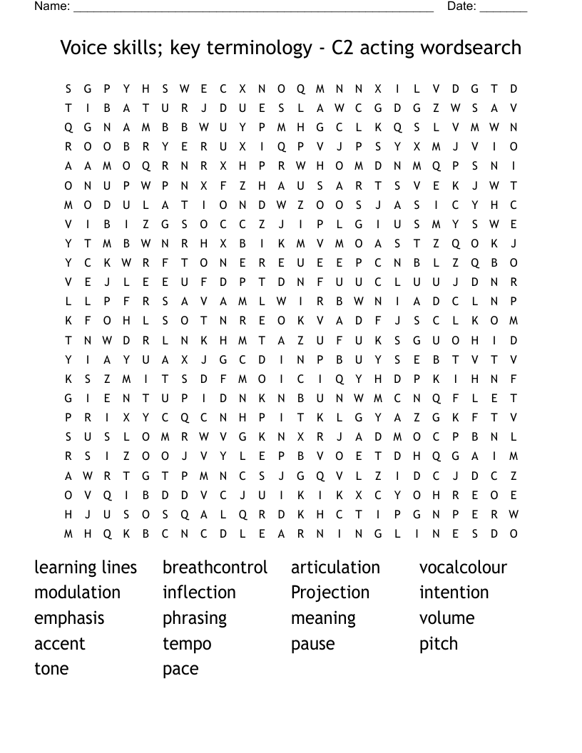 Voice skills; key terminology - C2 acting wordsearch