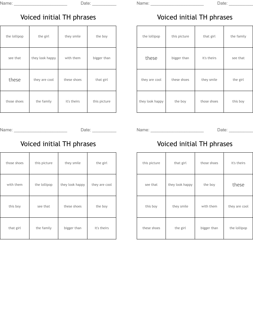 Voiced initial TH phrases Bingo Cards