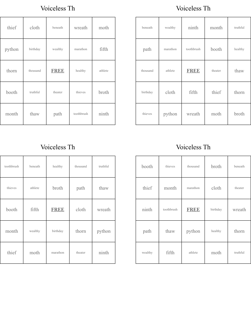 Voiceless  Th  Bingo Cards