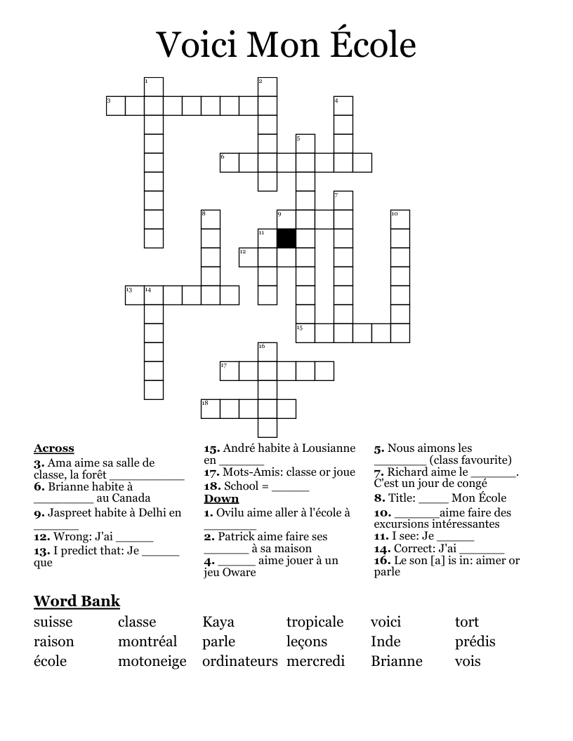 Voici Mon École Crossword