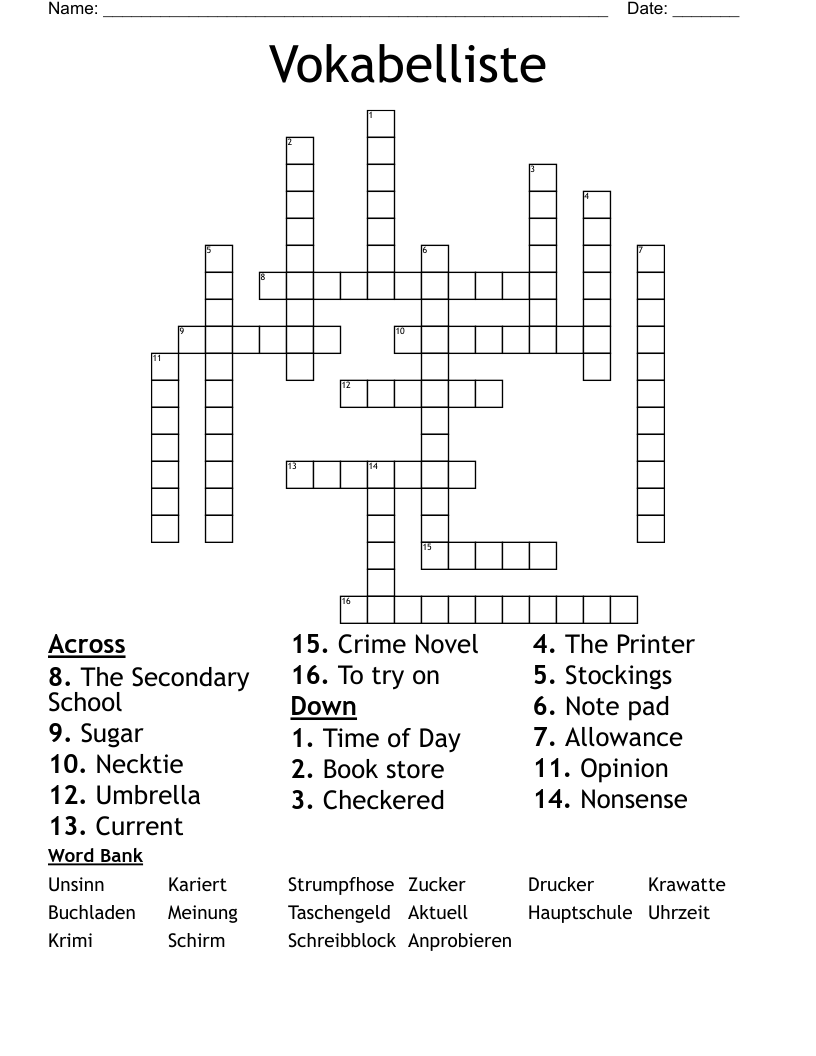 Vokabelliste Crossword