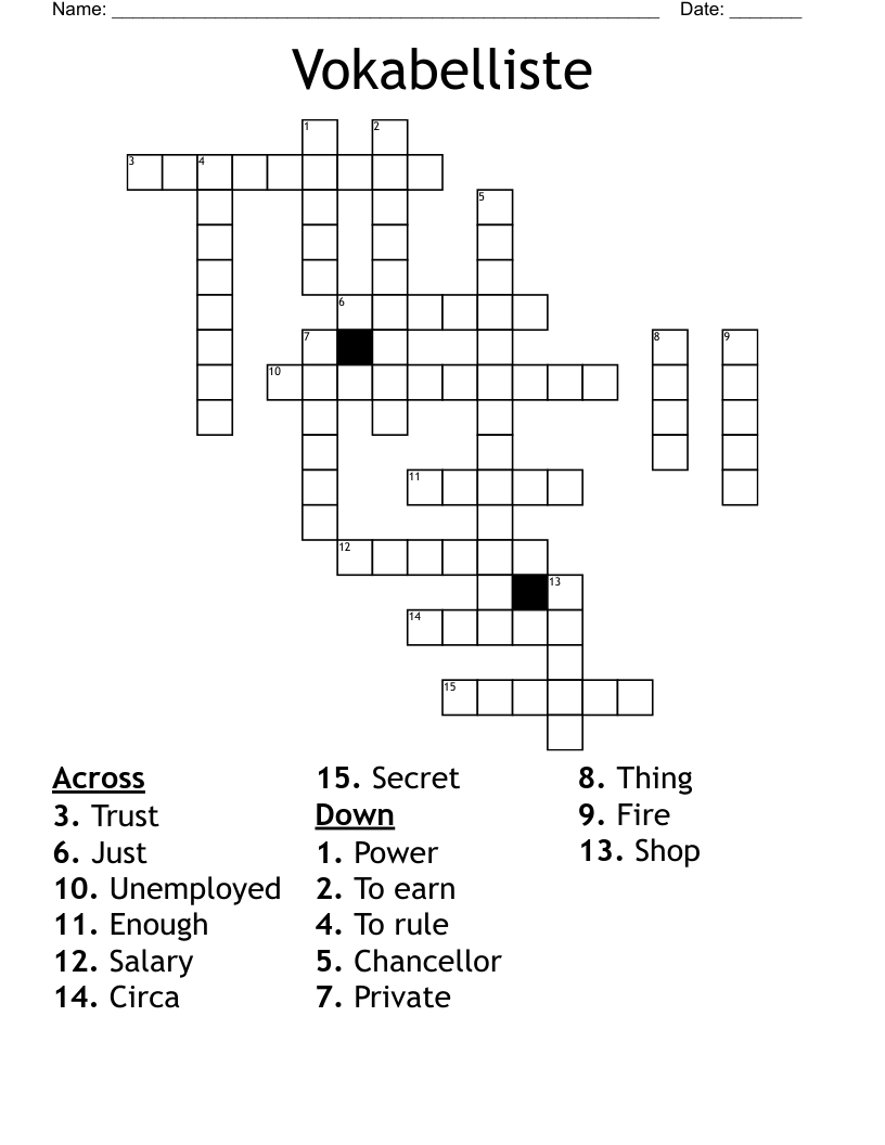 Vokabelliste Crossword