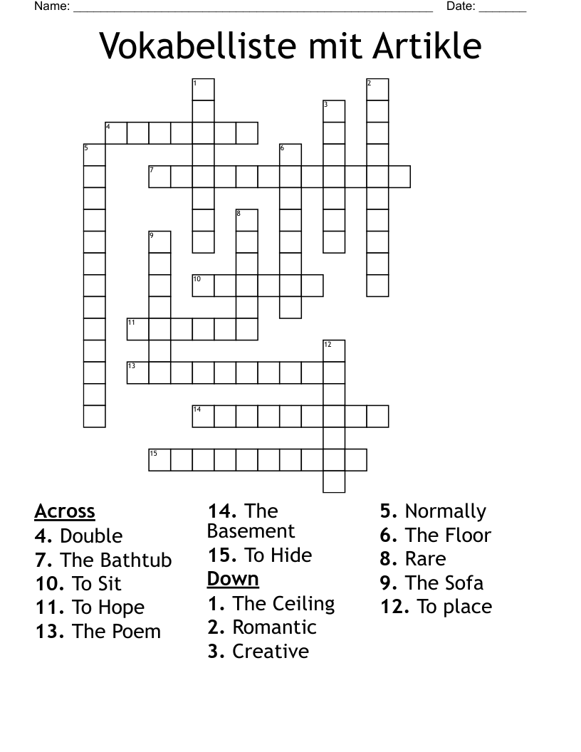 Vokabelliste mit Artikle Crossword