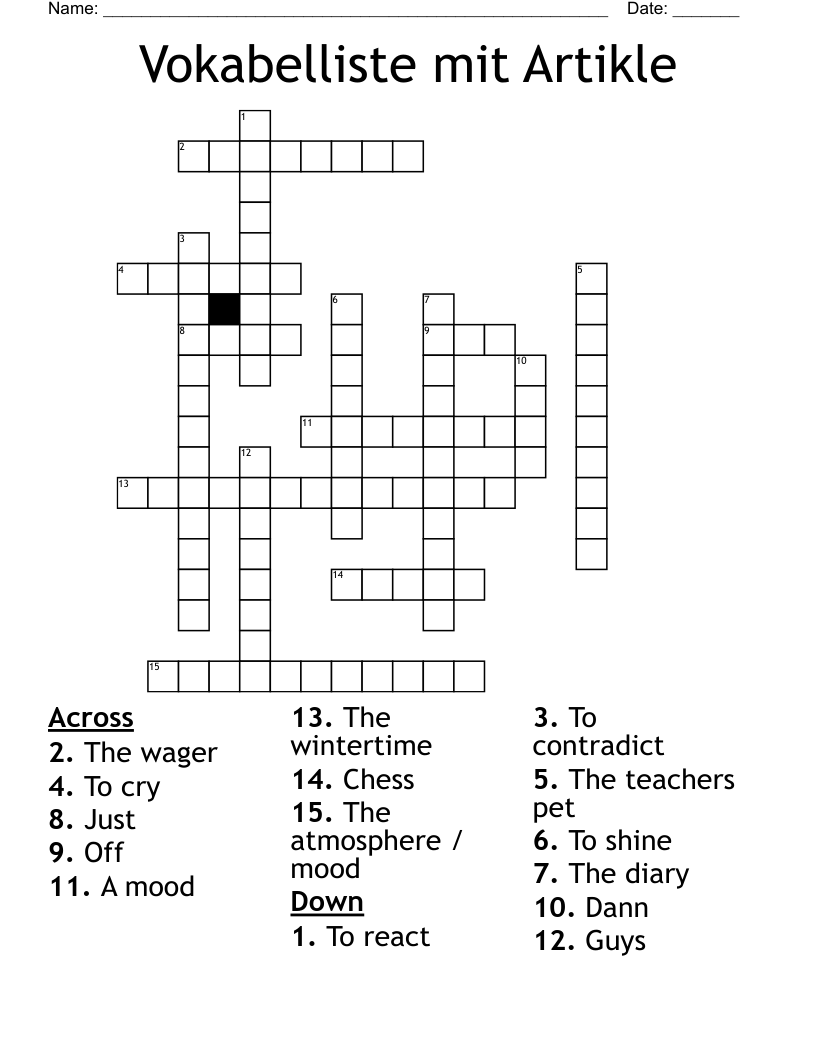 Vokabelliste mit Artikle Crossword