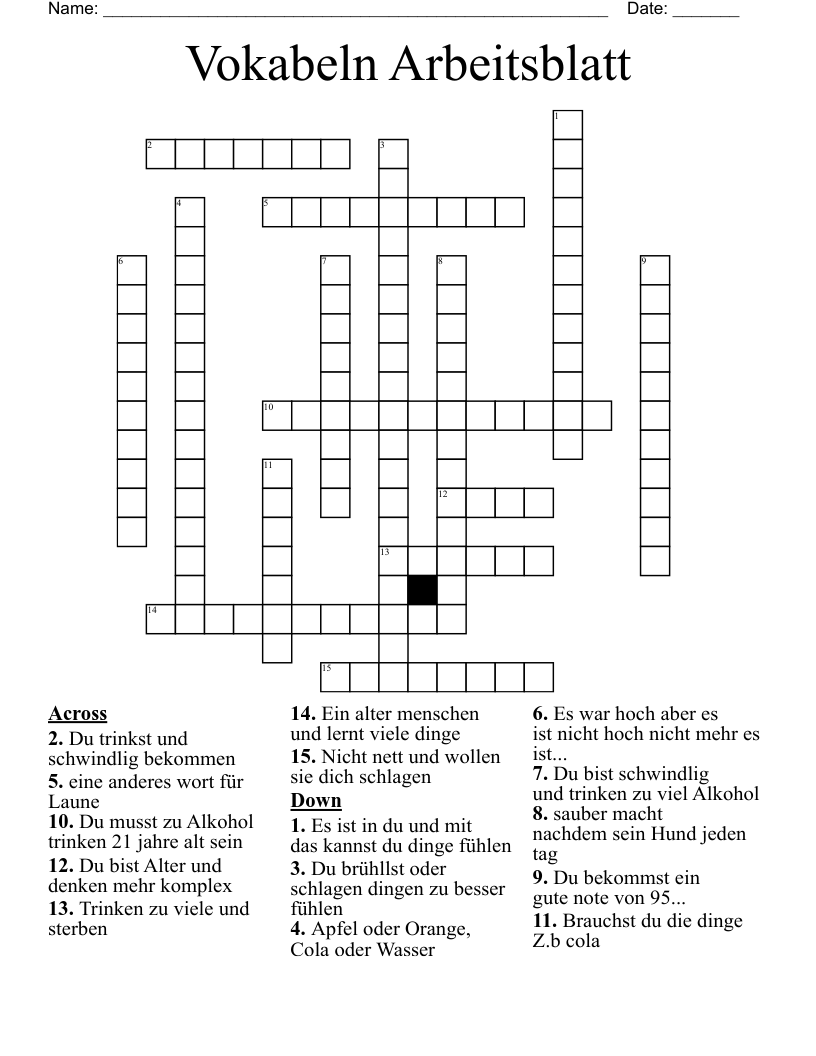 Vokabeln Arbeitsblatt Crossword