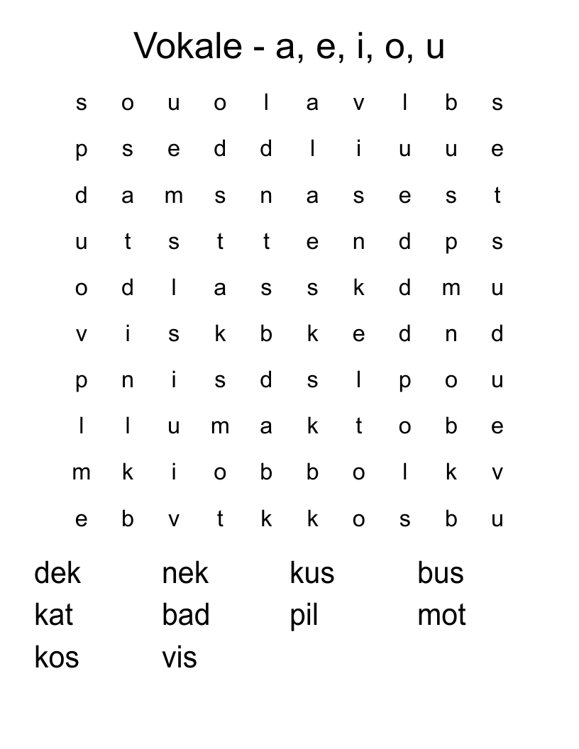 Vokale - a, e, i, o, u Word Search