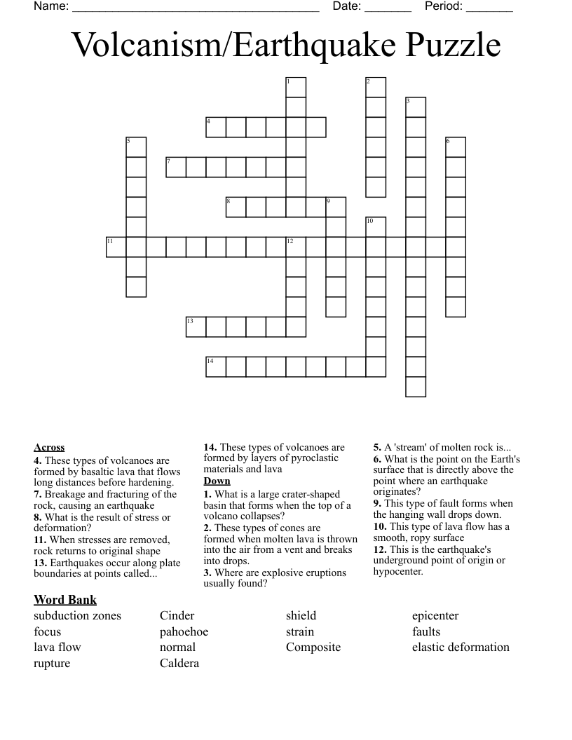 Volcanism/Earthquake Puzzle Crossword
