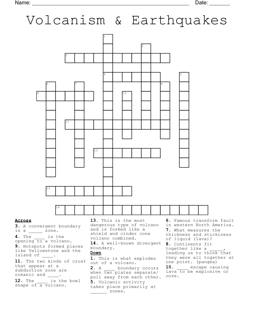 Volcanism & Earthquakes Crossword