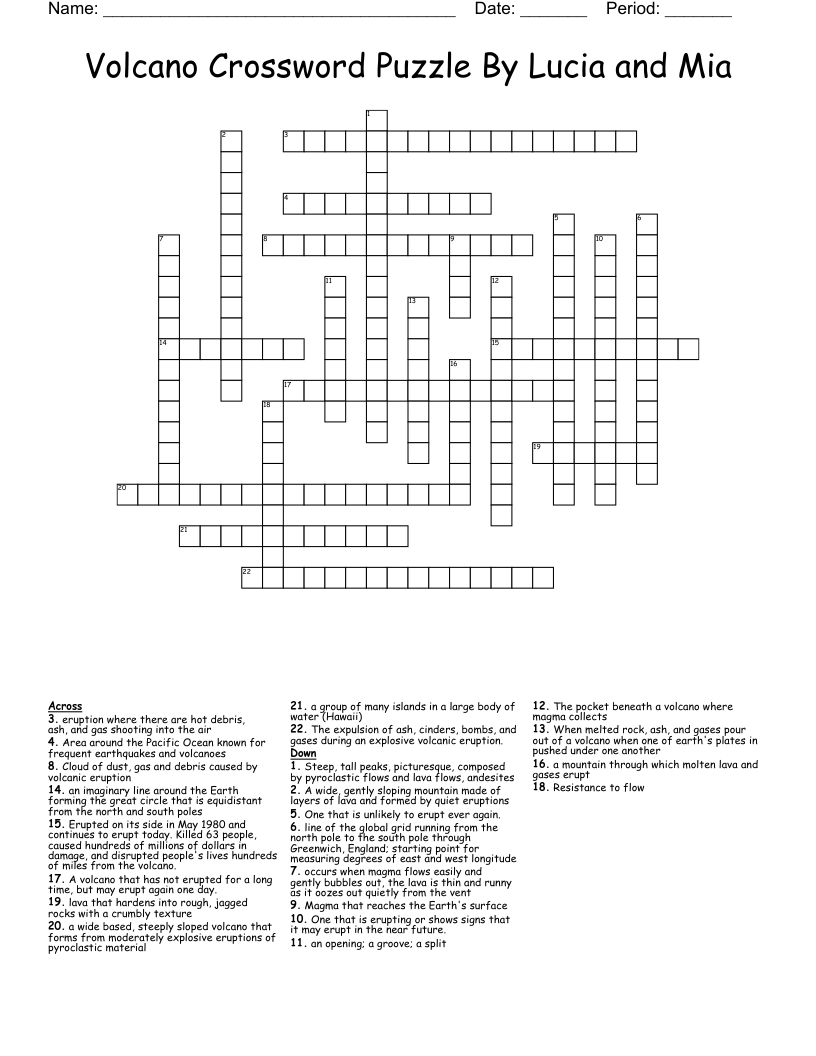 Volcano Crossword Puzzle By Lucia and Mia