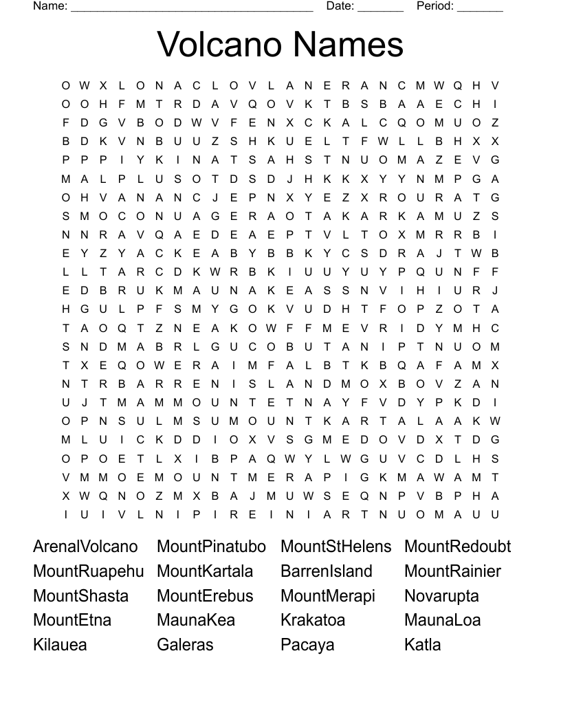 Volcano Names Word Search