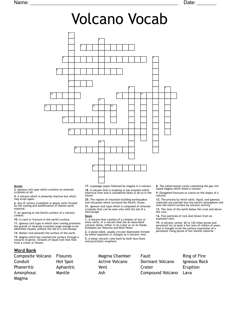 Volcano Vocab Crossword