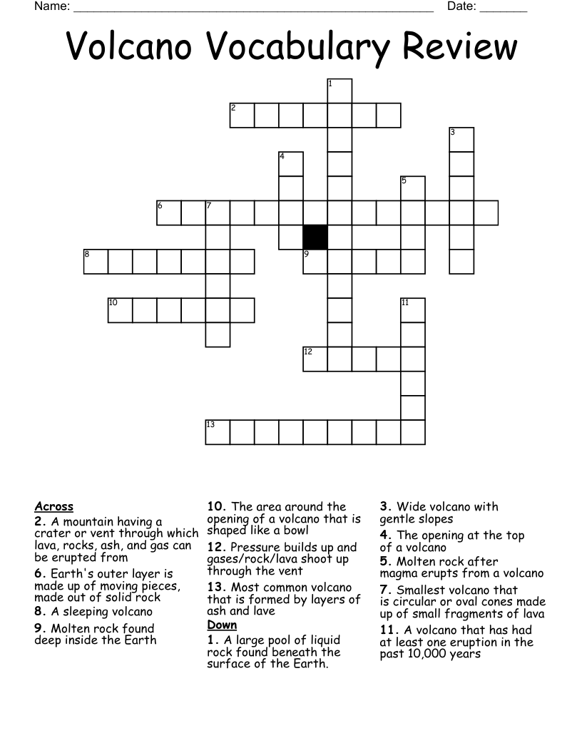 Volcano Vocabulary Review Crossword