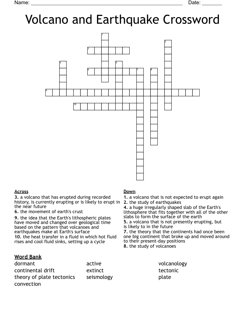 Volcano and Earthquake Crossword