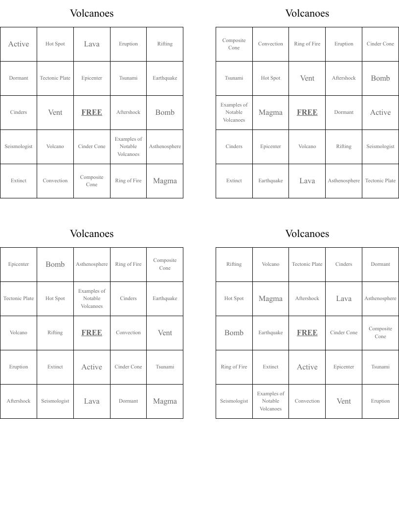 Volcanoes Bingo Cards
