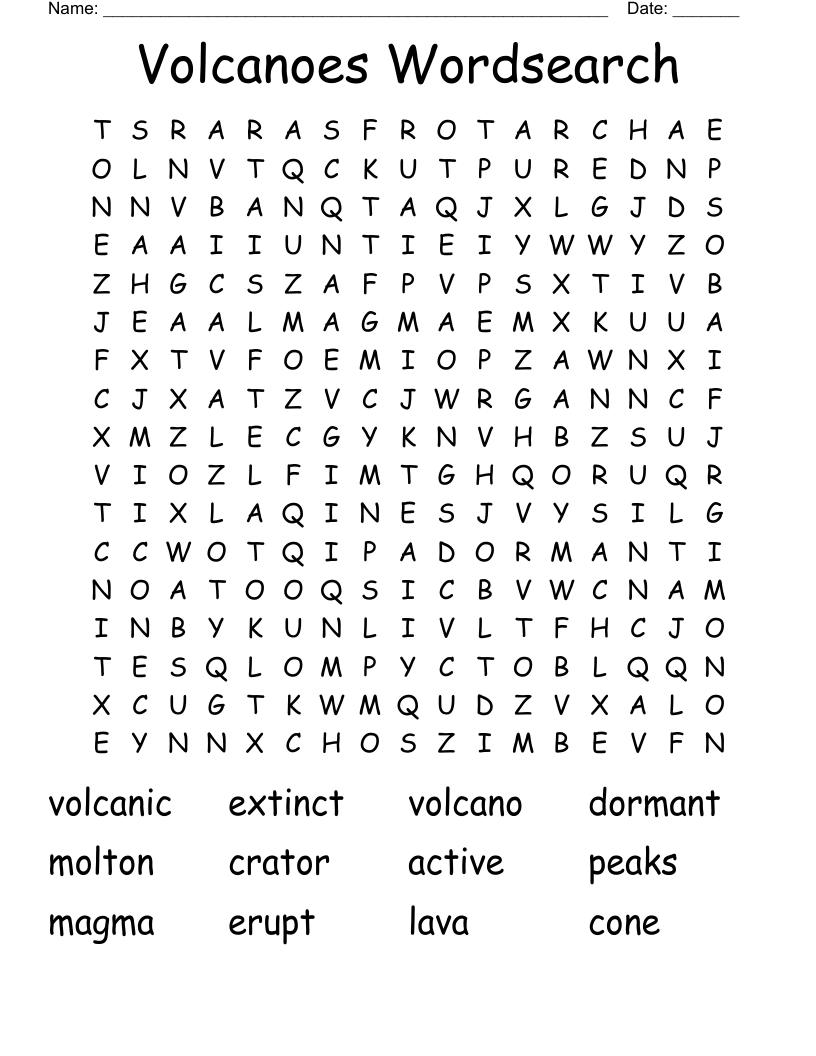 Volcanoes Wordsearch