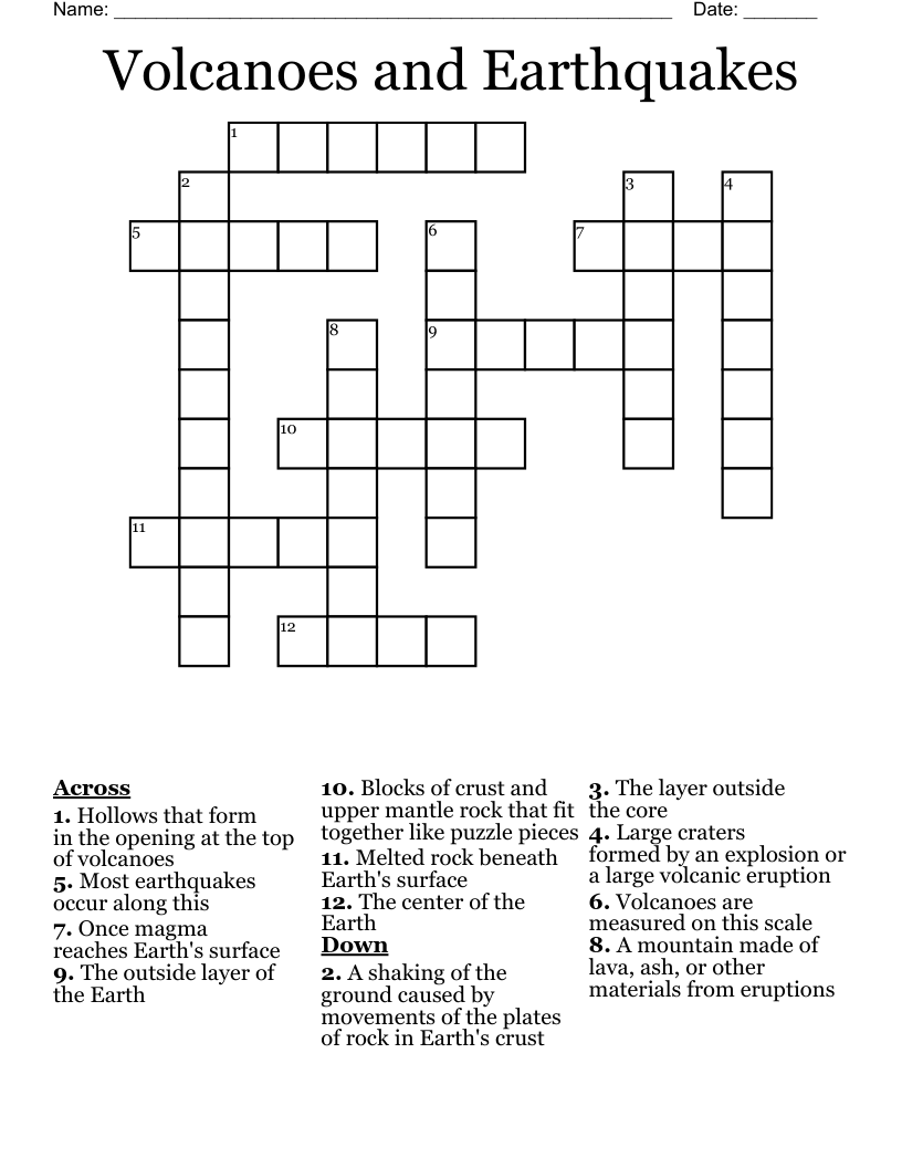 Volcanoes and Earthquakes Crossword