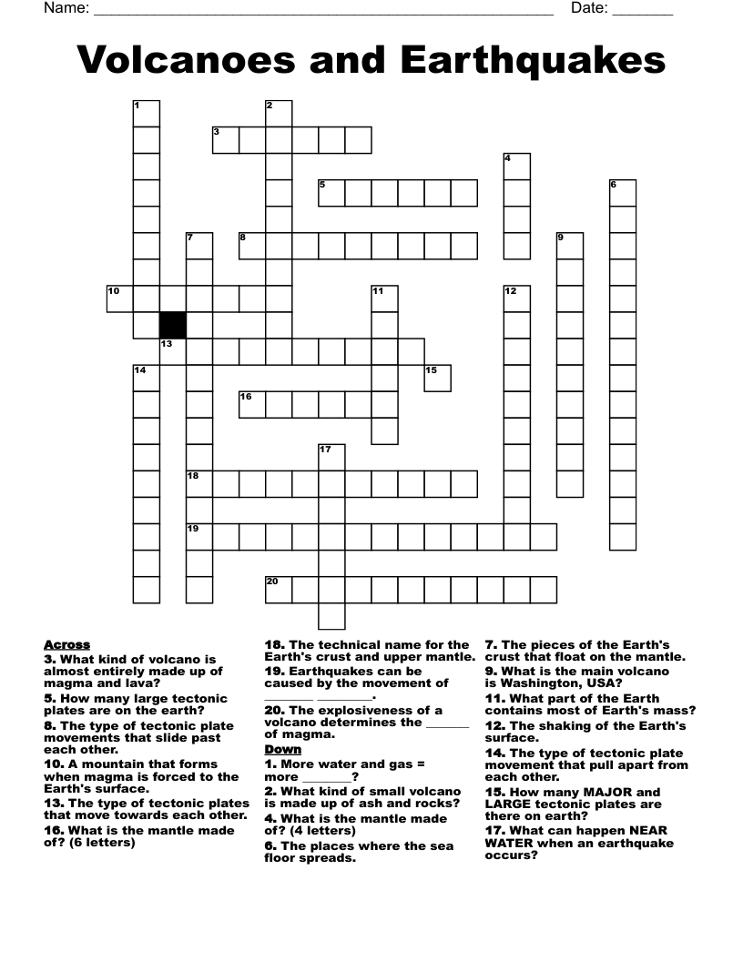 Volcanoes and Earthquakes Crossword