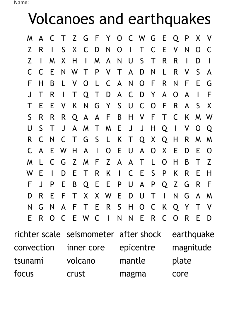 Volcanoes and earthquakes Word Search